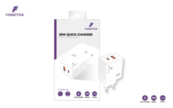 FoneTex 30W GaN USB-C And USB Adapter – FT-C222
