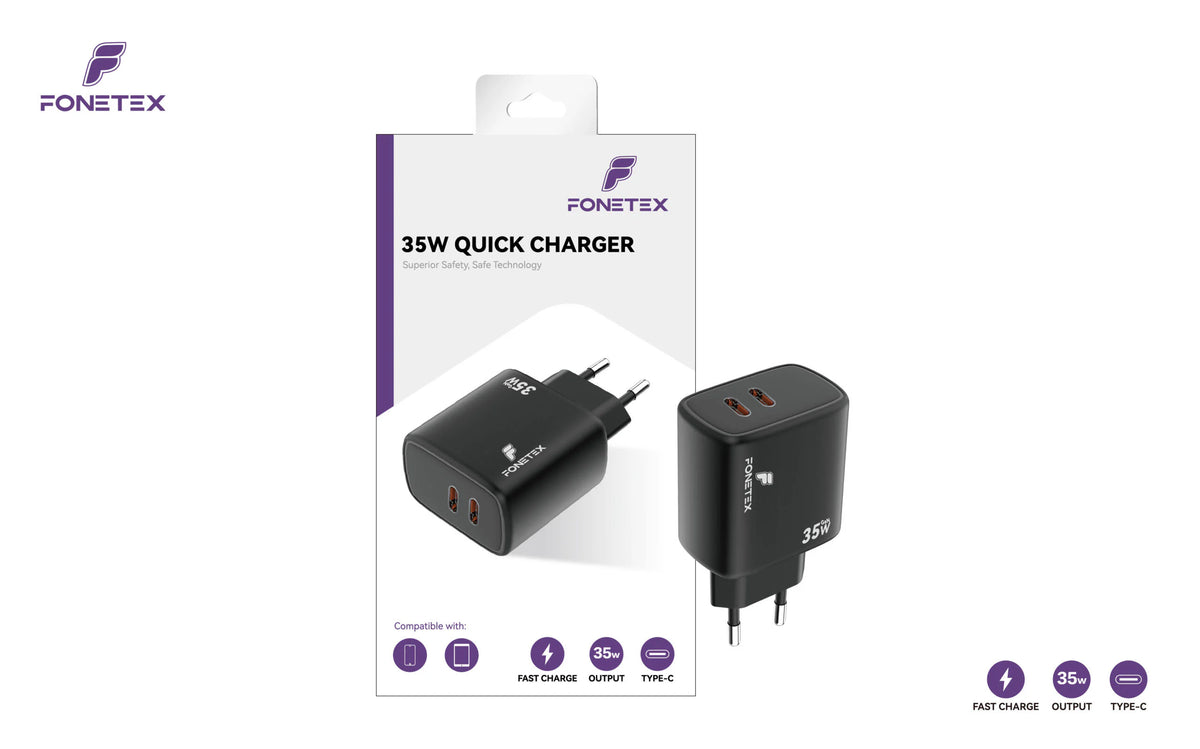 FoneTex 35W GaN Double USB-C Adapter Black – FT-C224