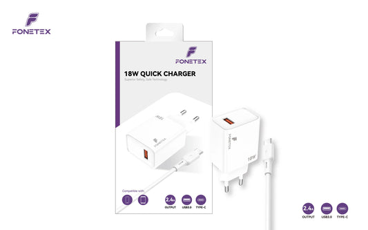 FoneTex 20W Quick Charger With USB To USB-C Cable – FT-C217