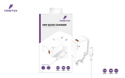 FoneTex 18W Quick Charger With USB To 8 Pin Cable – FT-C218